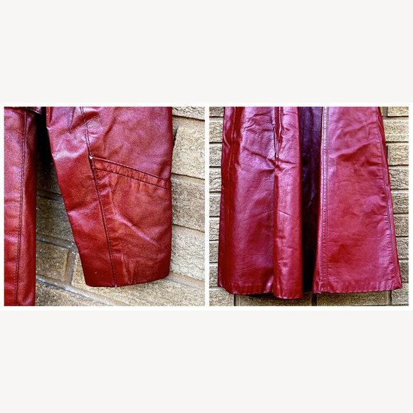 Vintage 70’s Long Leather Trench Coat Penny Lane Oxblood Belted Maxi Boho Jacket - Picture 10 of 17